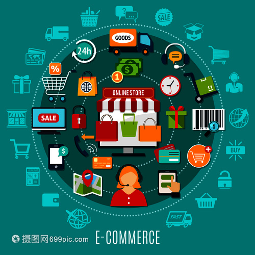 电子商务平与互联网购物元素围绕网上商店图标的绿松石背景矢量插图电子商务扁平化